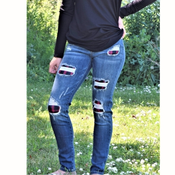 Red Buffalo Plaid Distressed Skinny Jeans - Picture 3 of 6